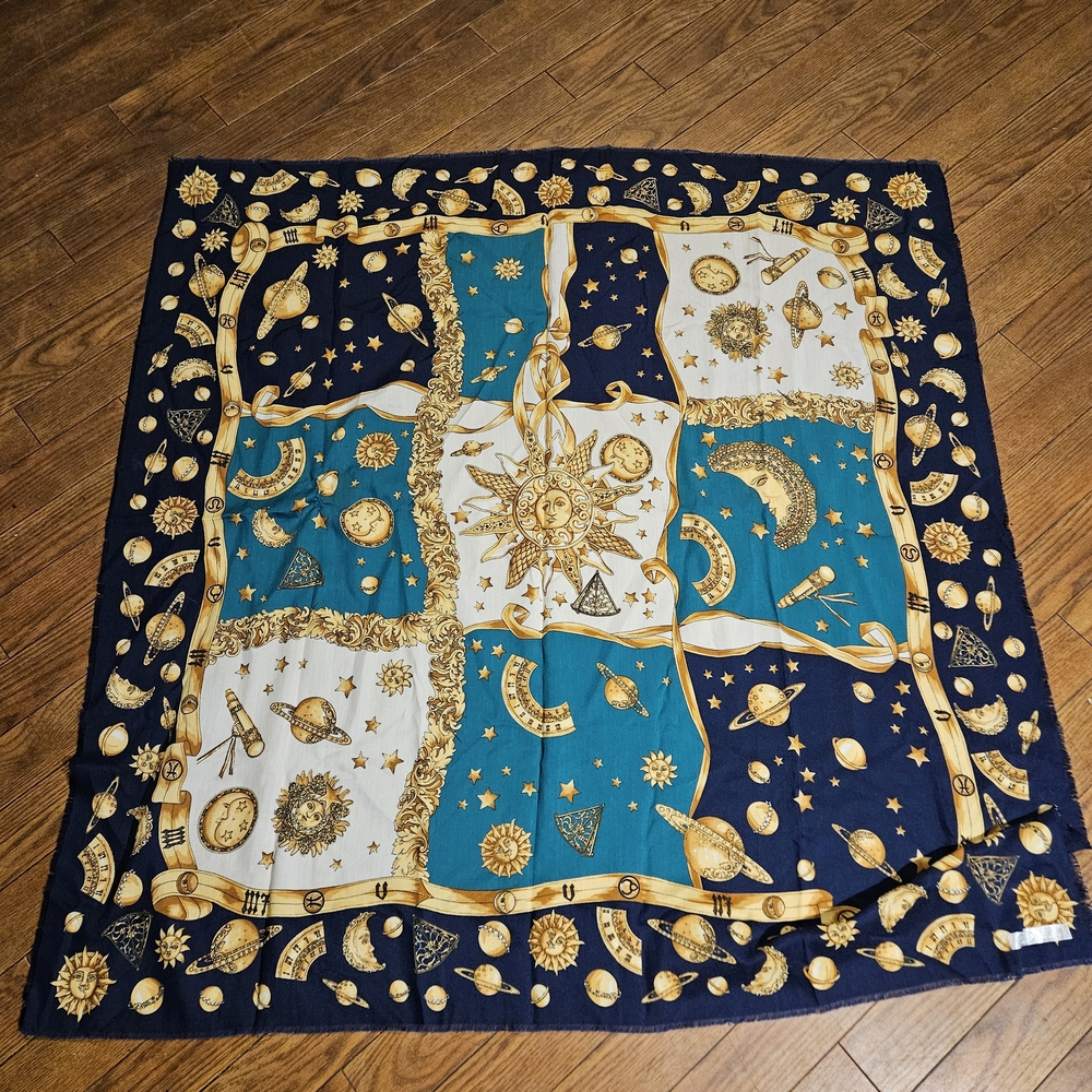 Celestial Print Silk Square Scarf - Navy, Teal & Cream